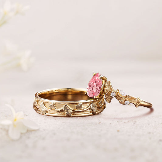Vintage Pear Lab Padparadscha Engagement Couples Ring Set For Wedding Gift