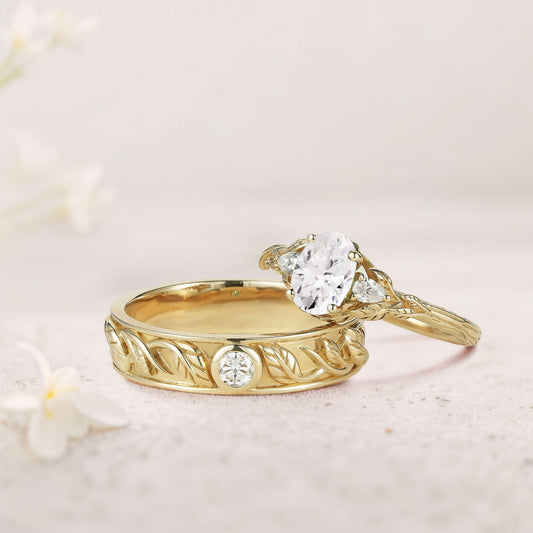 Unique Leaf Design Oval Moissanite Wedding Ring Promise Ring for Couples