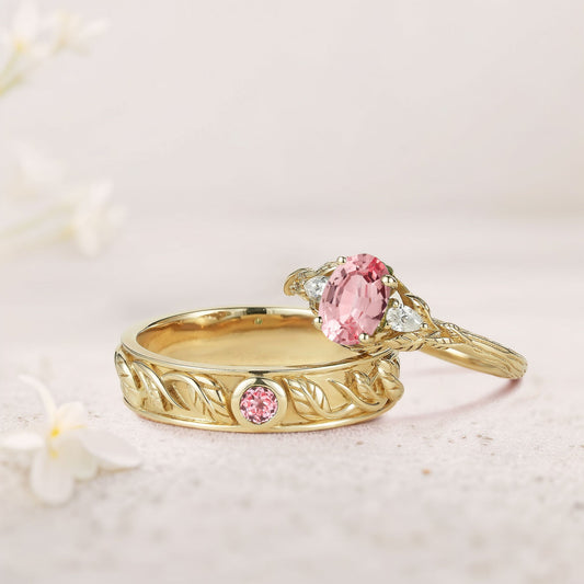 Unique Leaf Design Oval Lab Padparadscha and Moissanite Wedding Ring Promise Ring for Couples