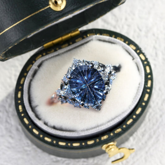 Unique Briar Rose Three Stone Starbrite Cut Oval Lab Sapphire Ring