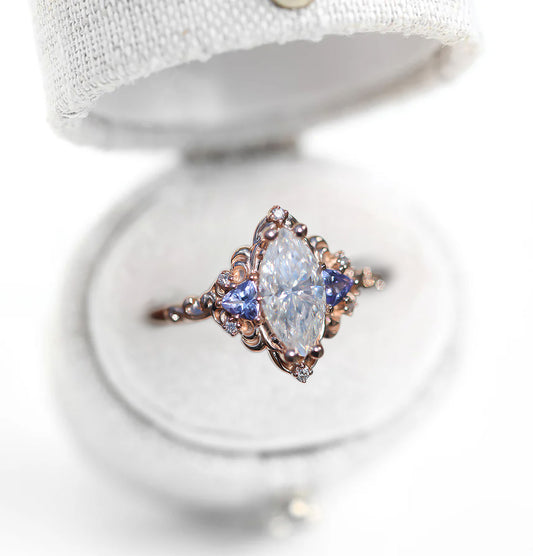 Unique Aurora Three Stone Marquise Moissanite and Color Moissanite Ring