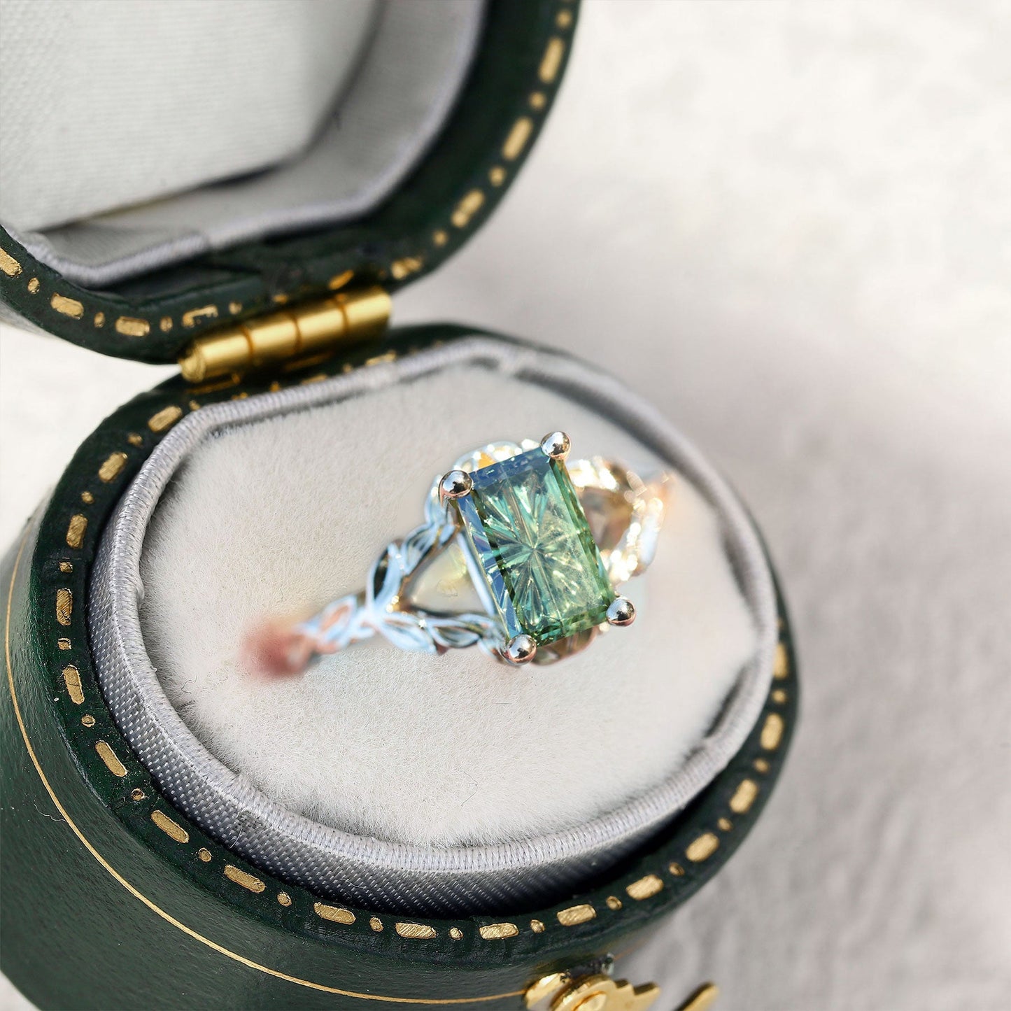 Unique Solitaire Starbrite Cut Green Lab Sapphire Split Shank Style Band Engagement Ring