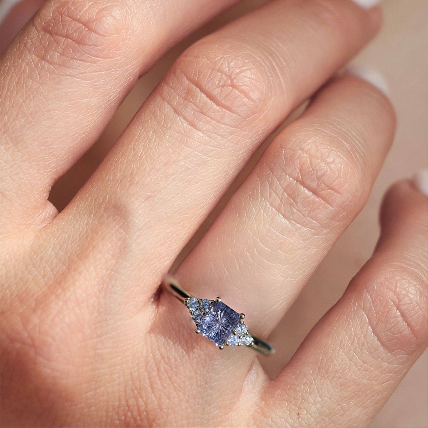 Unique Modern Cluster Emerald cut Purple Lab Sapphire Ring