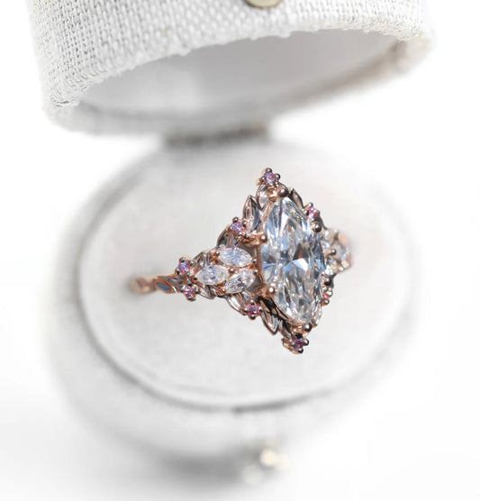 Unique Celeste Rose Starlight Marquise Moissanite and Pink Sapphire Ring