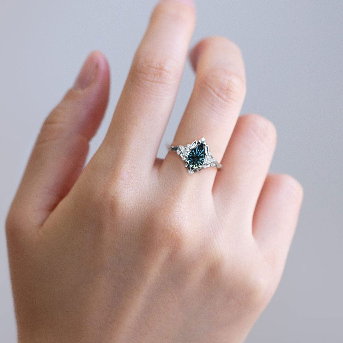 Unique Briar Rose Starbrite Cut Pear Lab Sapphire Ring