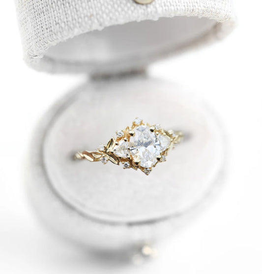 Unique Briar Rose Three Stone Oval Moissanite Ring