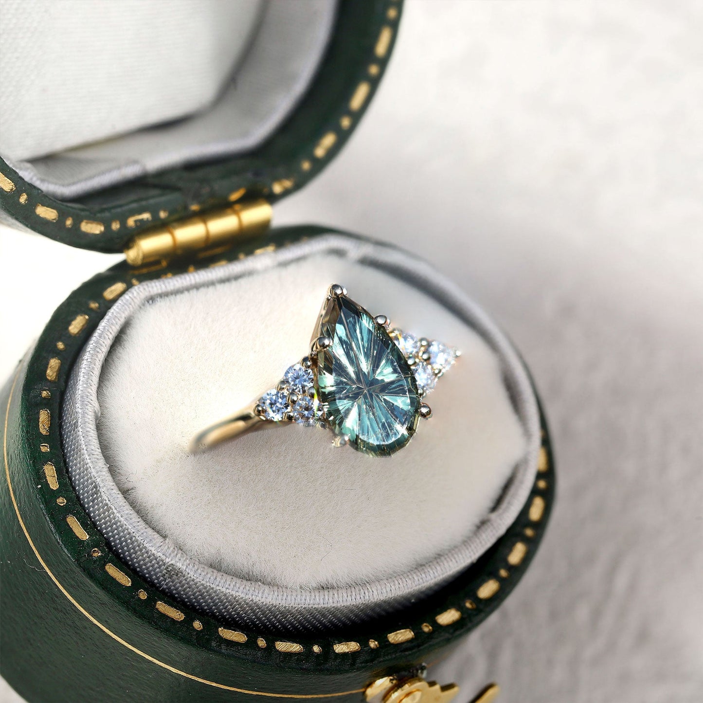 Unique Starbrite Cut Pear Lab Sapphire Cluster Engagement Ring