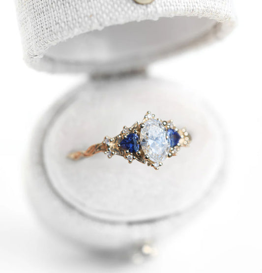 Unique Celeste Rose Oval Moissanite and Lab Sapphire Ring