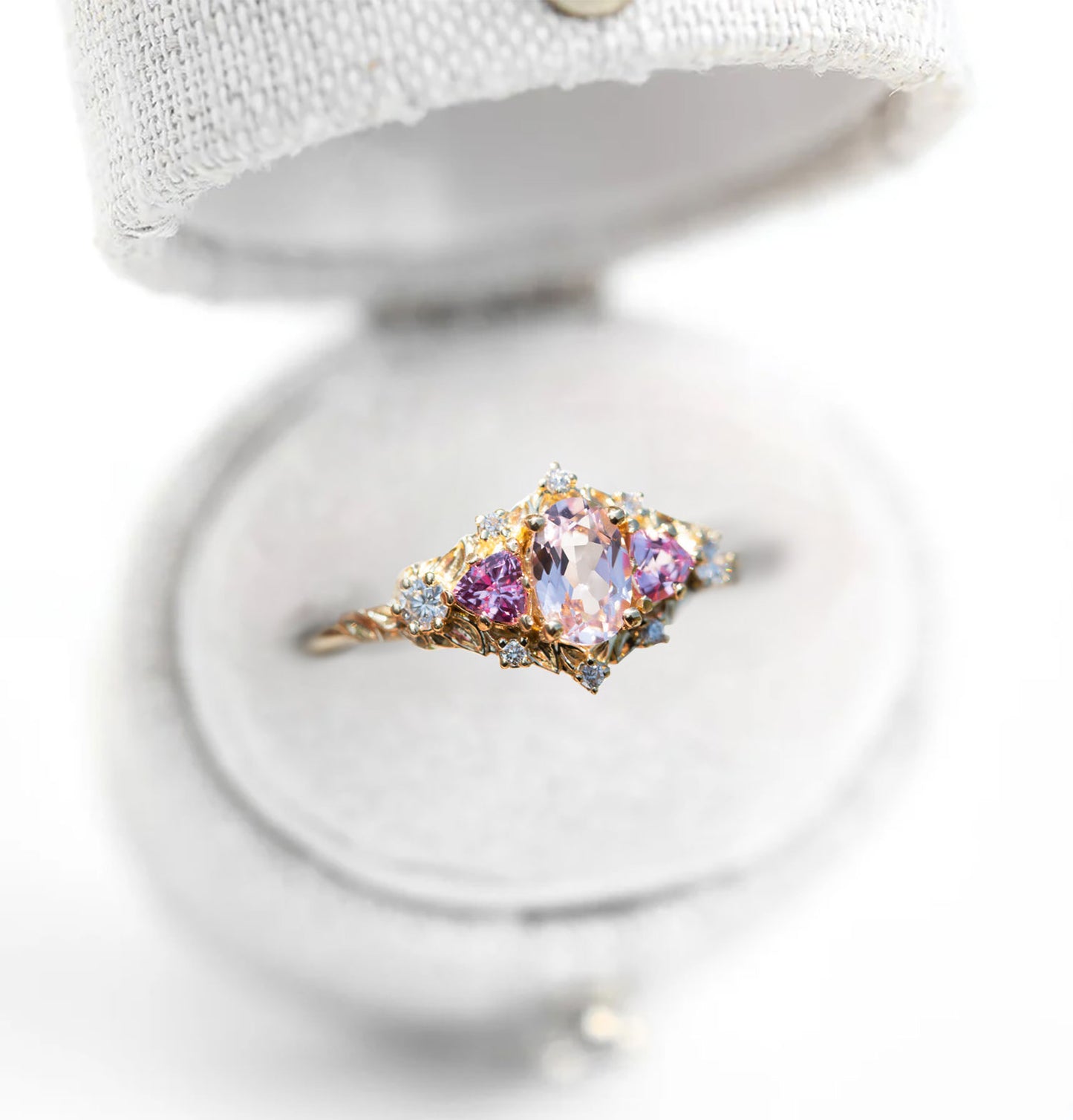 Unique Floral Rose Three Stone Oval Lab Grey Spinel and Ruby Ring
