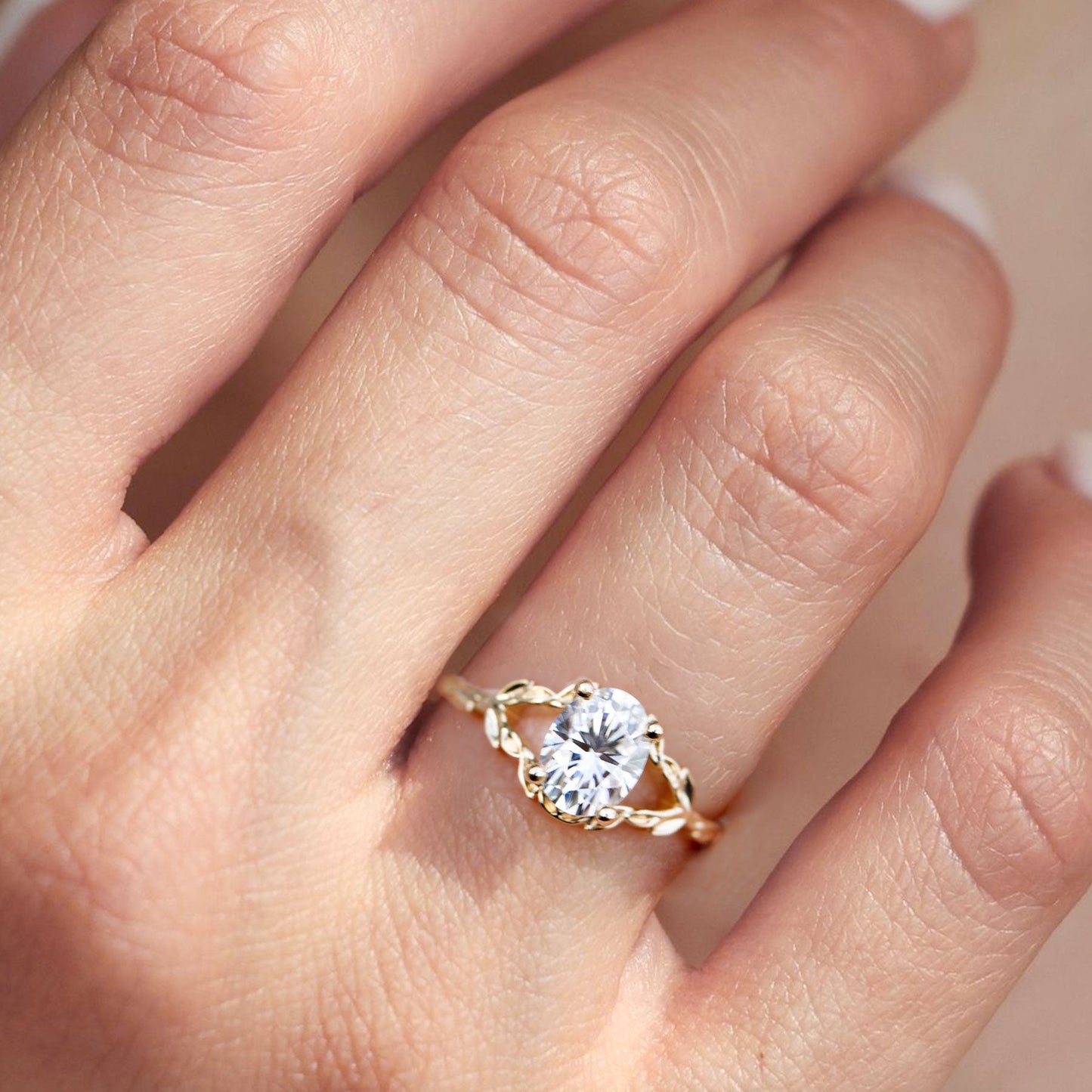 Unique Wisteria Solitaire Oval Moissanite Leafy Ring