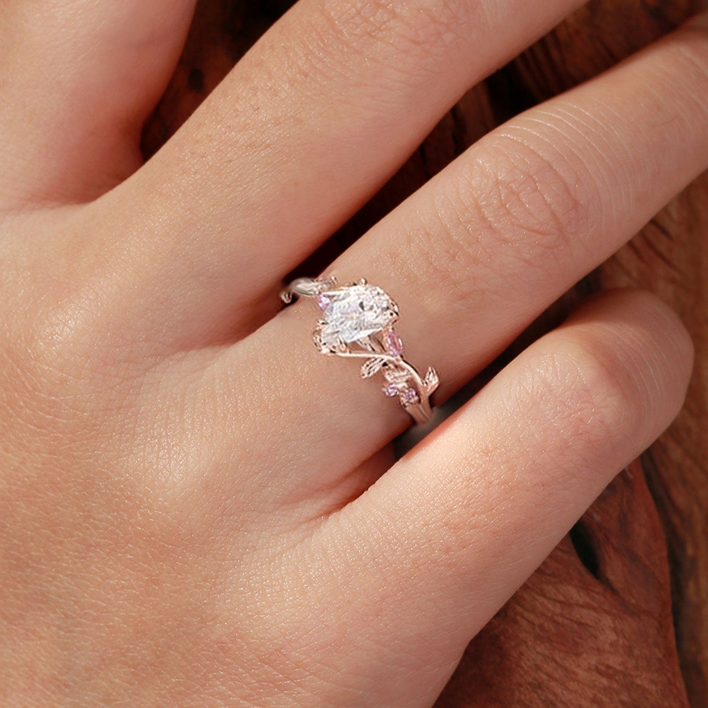 Unique floral engagement rings Pear Moissanite and Pink Lab Sapphire Ring