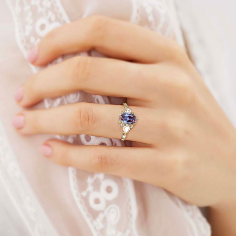 Unique Halo Oval Lab Alexandrite Engagement Ring Bridal Ring