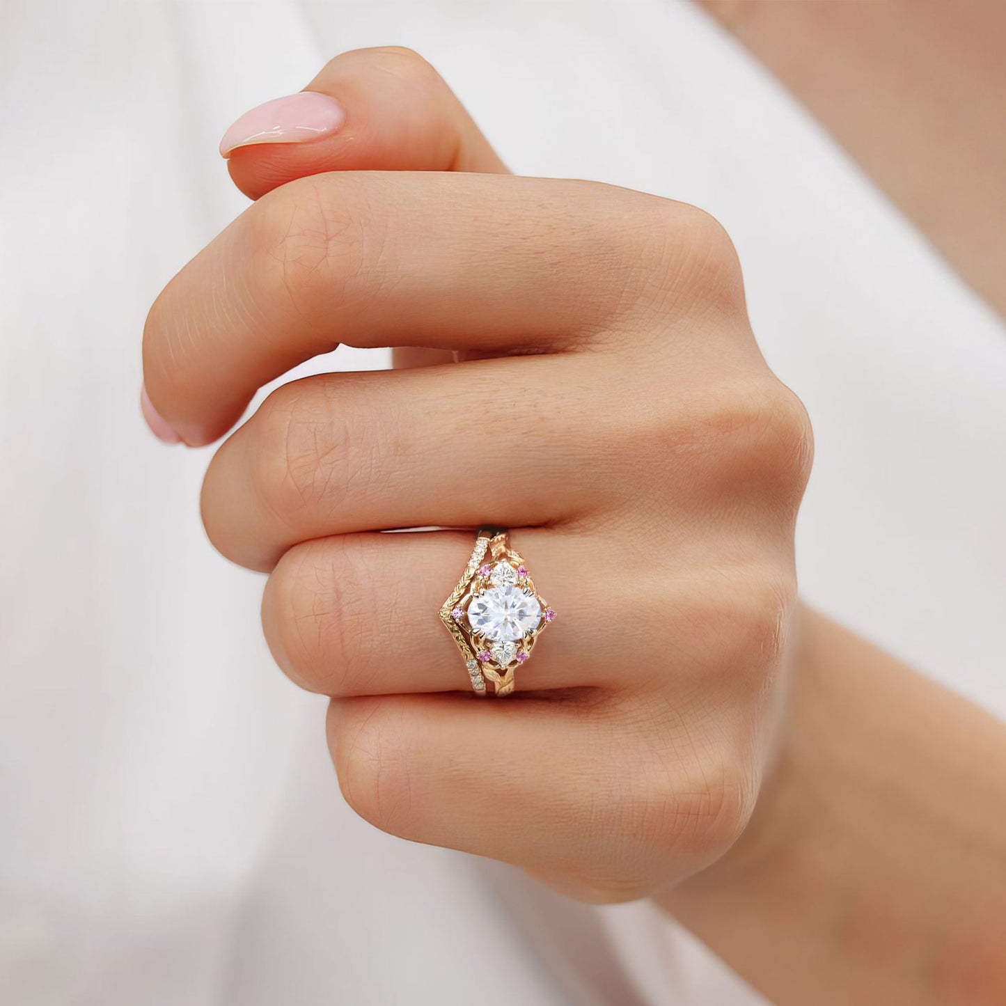 Vintage Three Stone Oval Moissanite Bridal Set