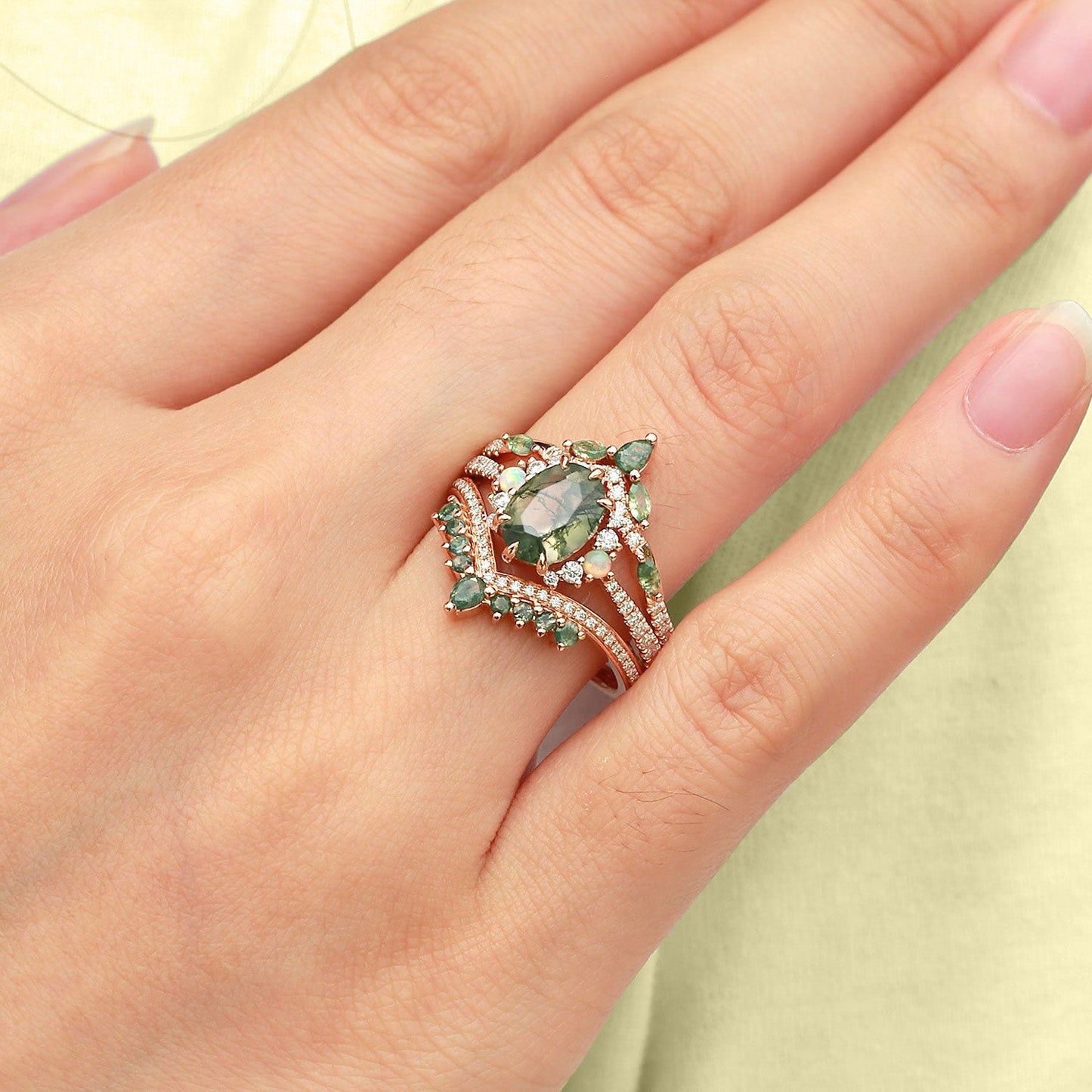 Unique floral engagement rings Oval Moss Agate and Opal Engagement Ring Set