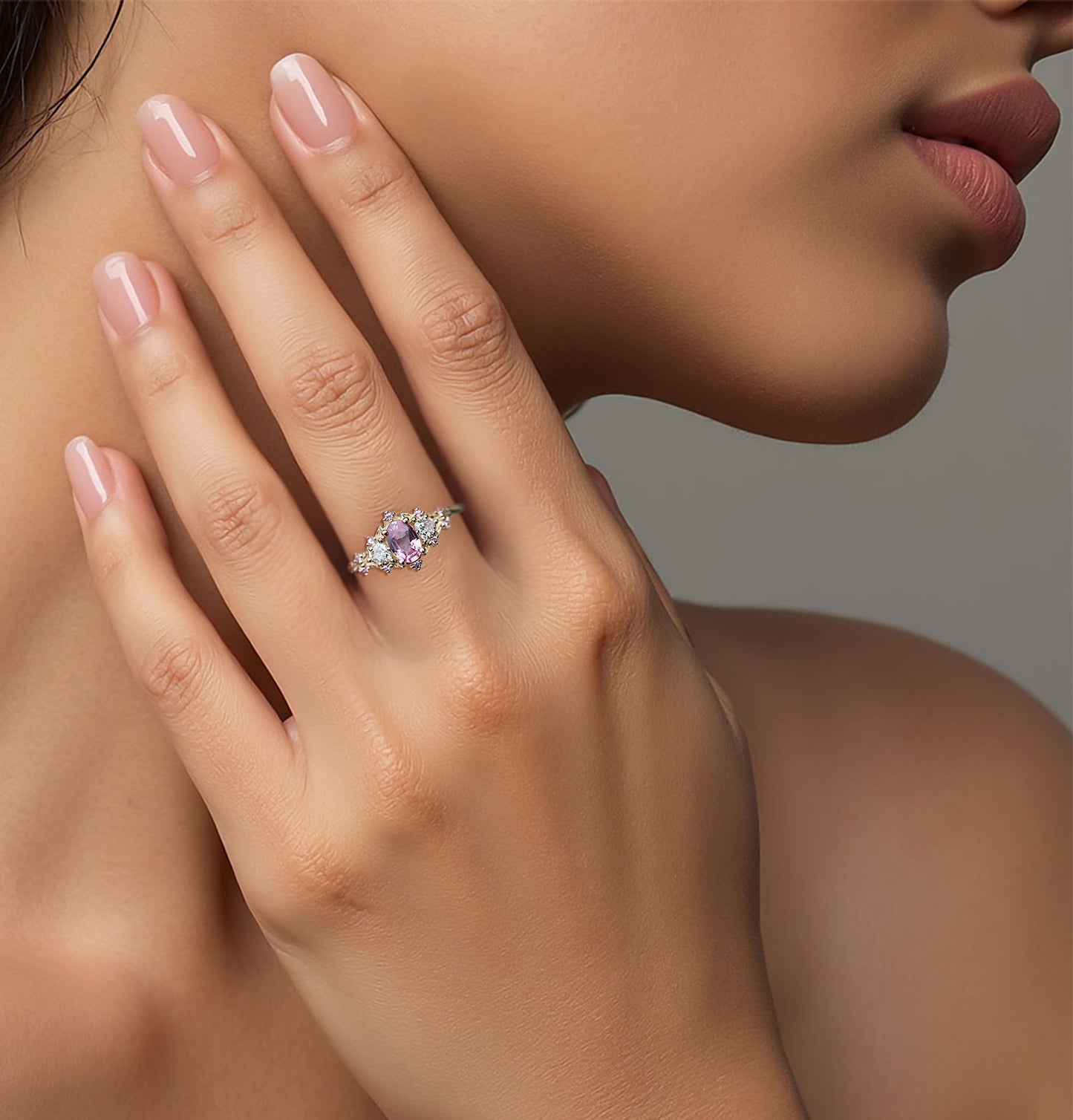 Unique Floral Rose Oval Lab Pink Padparadscha Ring