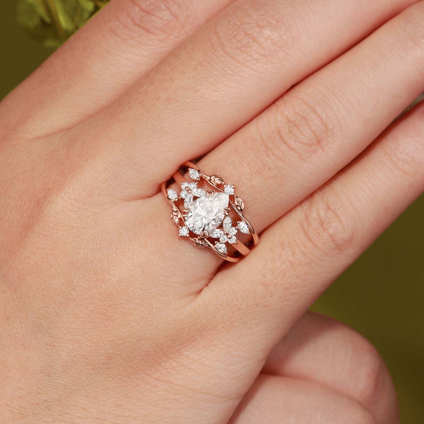 Vintage floral engagement rings Pear Moissanite Fairy Ring Set