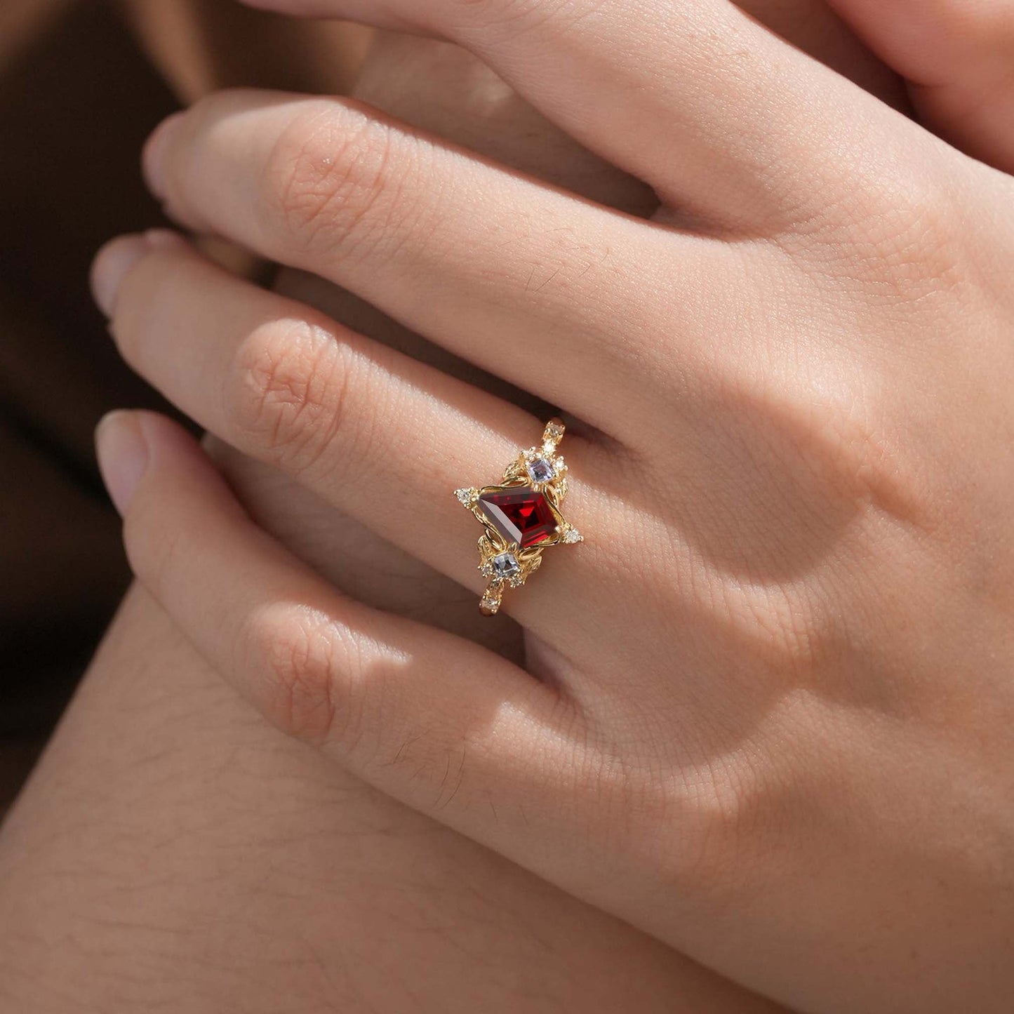 Unique Kite Three Stone Lab Ruby Leaf Ring