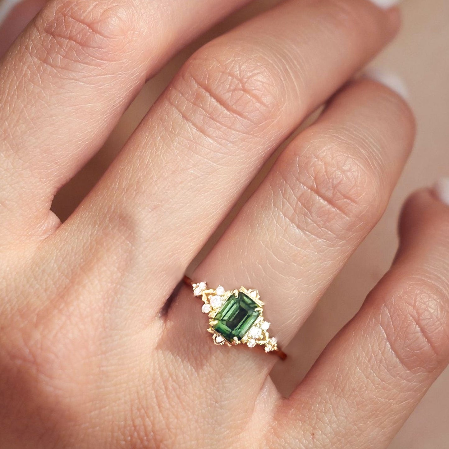 Vintage Fantasy Inspired Emerald Cut Green Lab Sapphire Engagement Ring