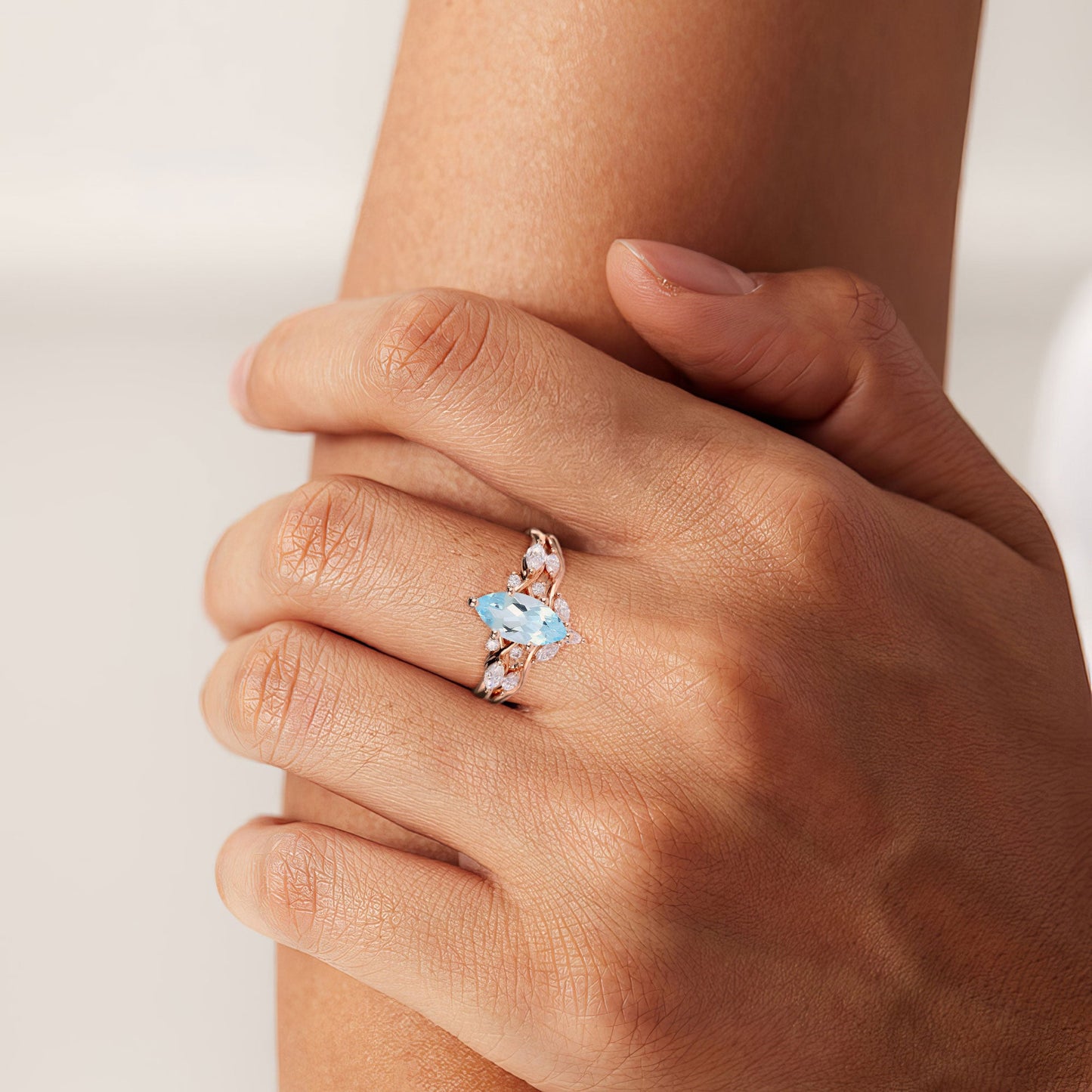 Unique Marquise Lab Aquamarine and Moissanite Wedding Ring Set Bridal Ring Set