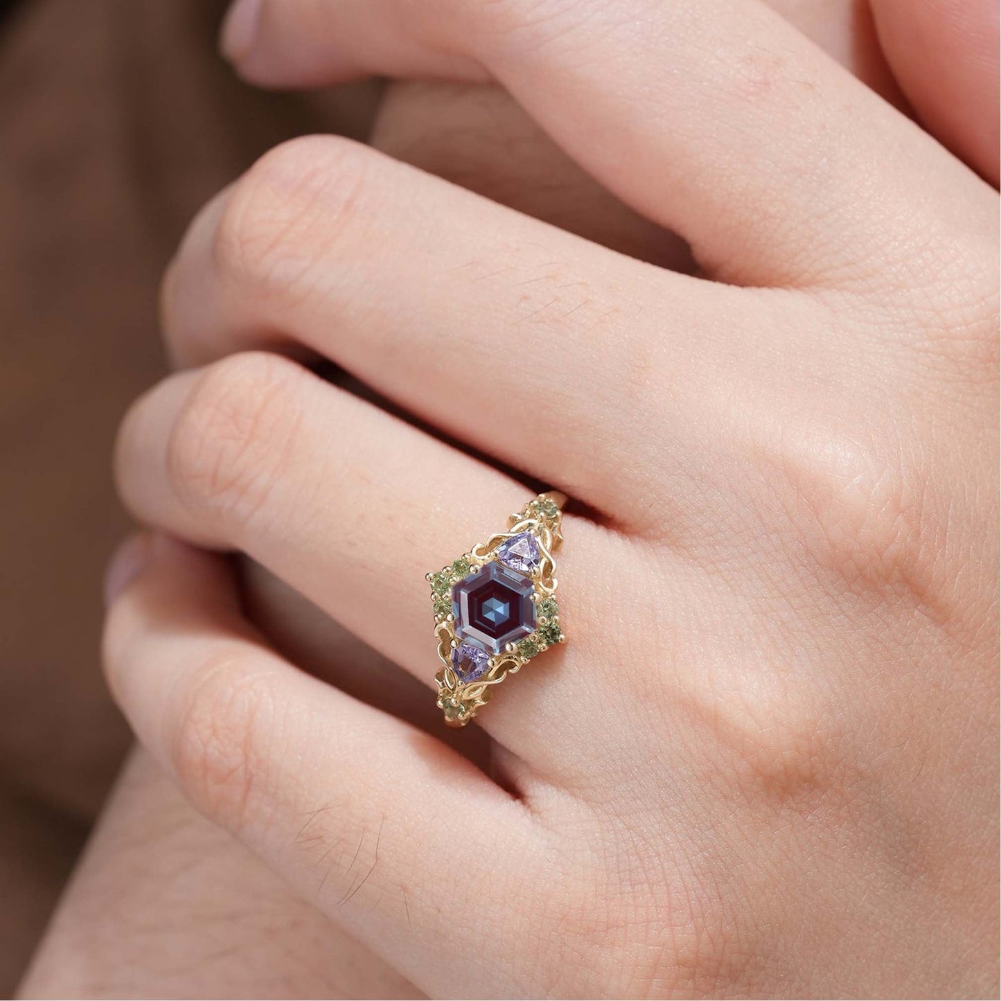Unique floral engagement rings Three Stone Hexagon Lab Alexandrite and Blue sapphire Leaf Ring