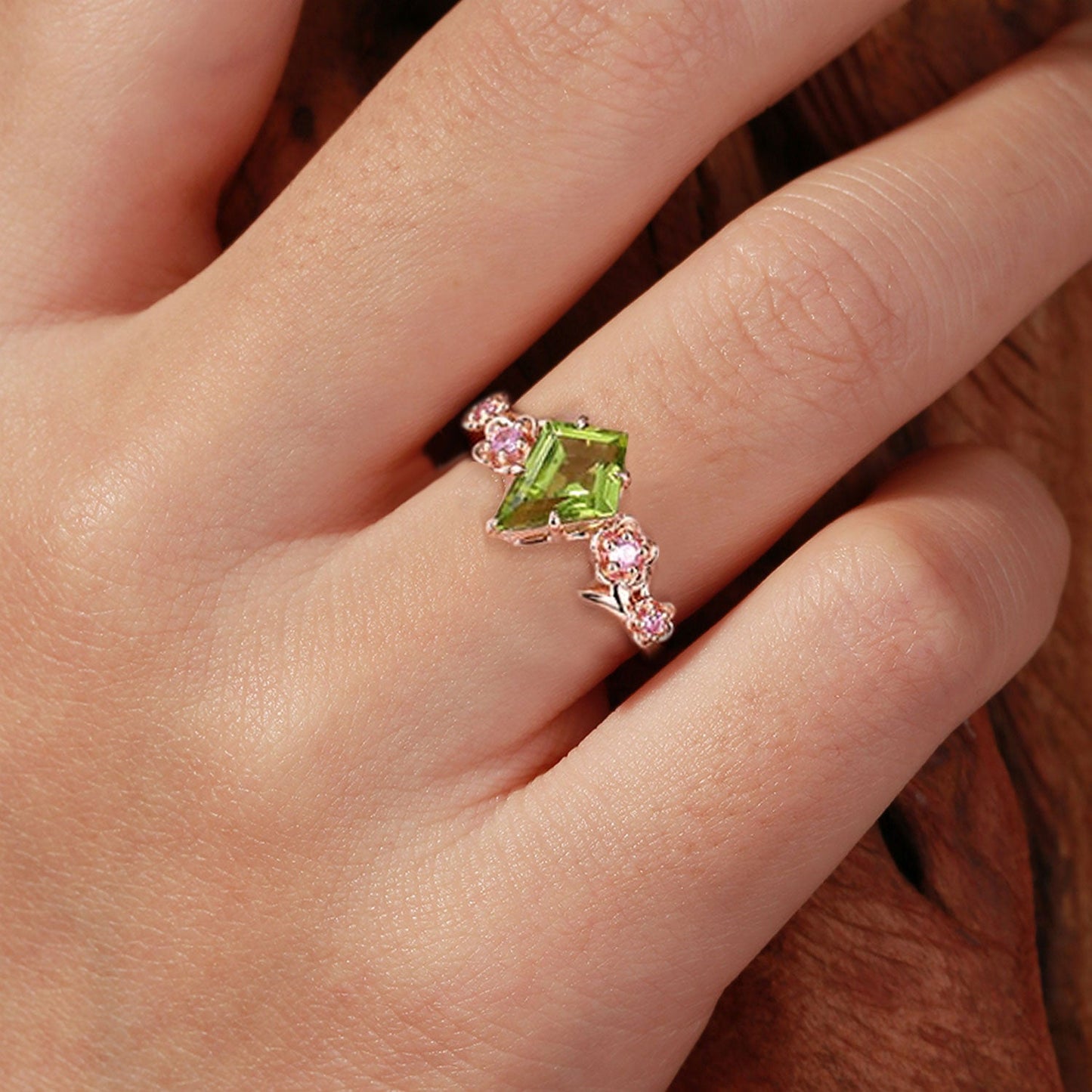 Unique Kite Peridot Blossom Engagement Ring Charming Flora Bridal Ring