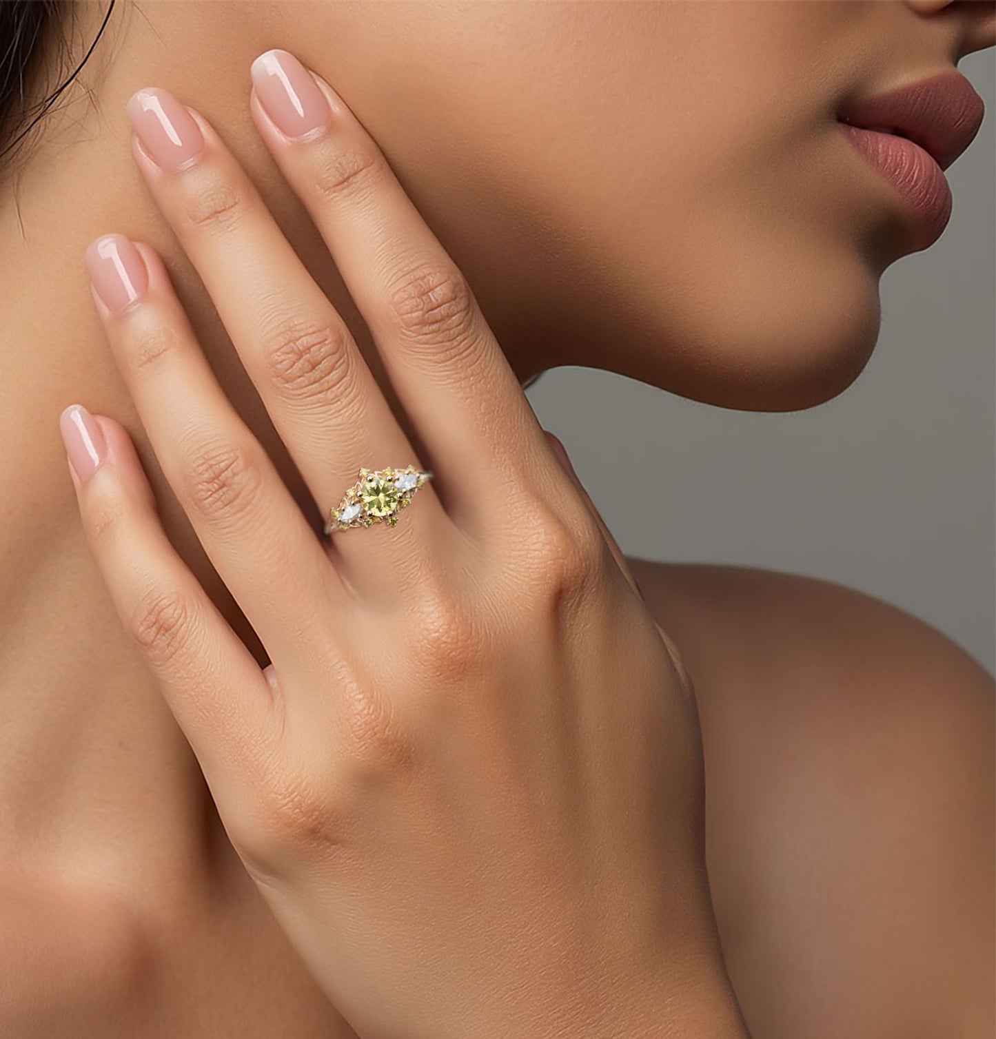 Unique Floral Rose Three Stone Round Citrine Ring