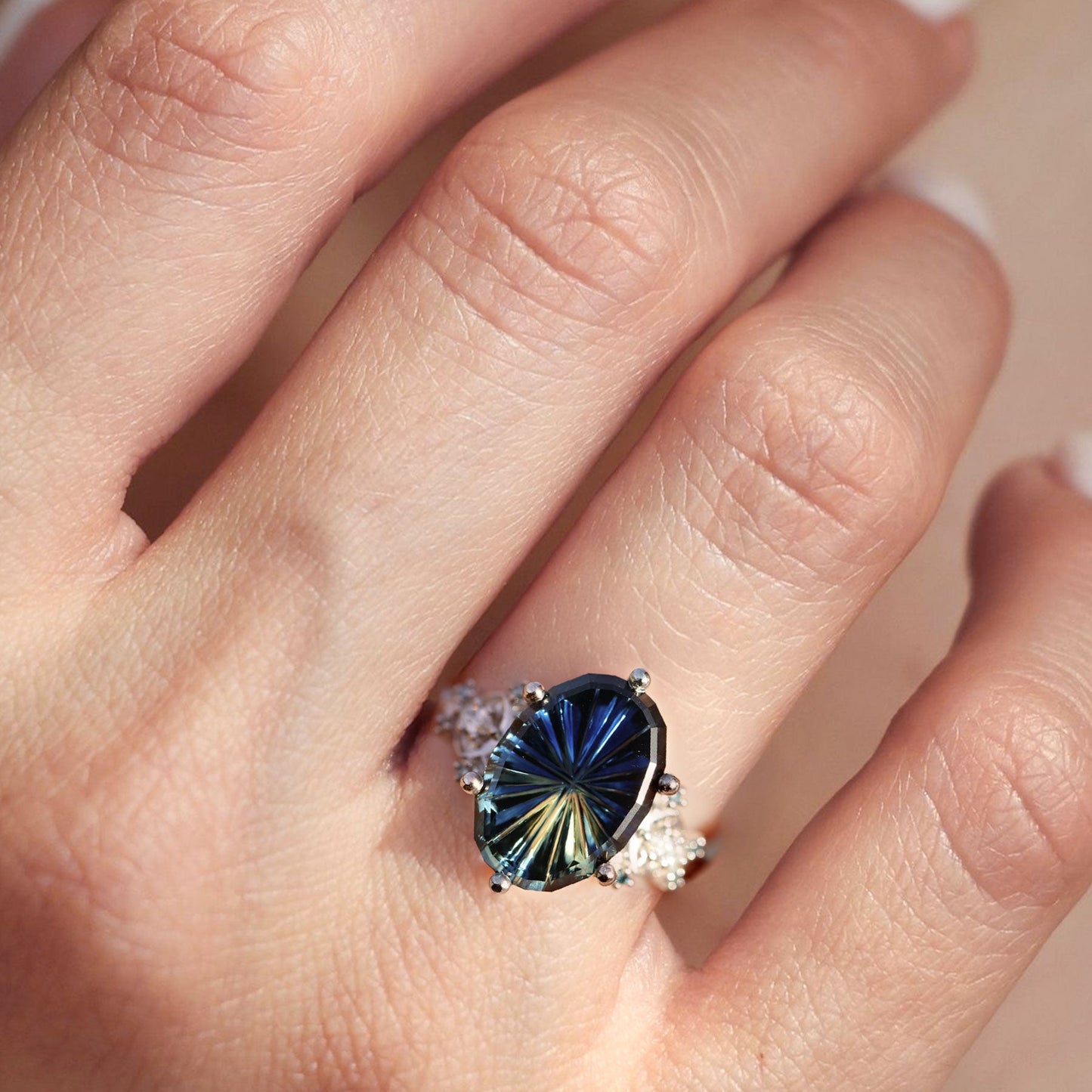 Unique Enchanted Moon Starbrite Cut Oval Blue Lab Sapphire Ring