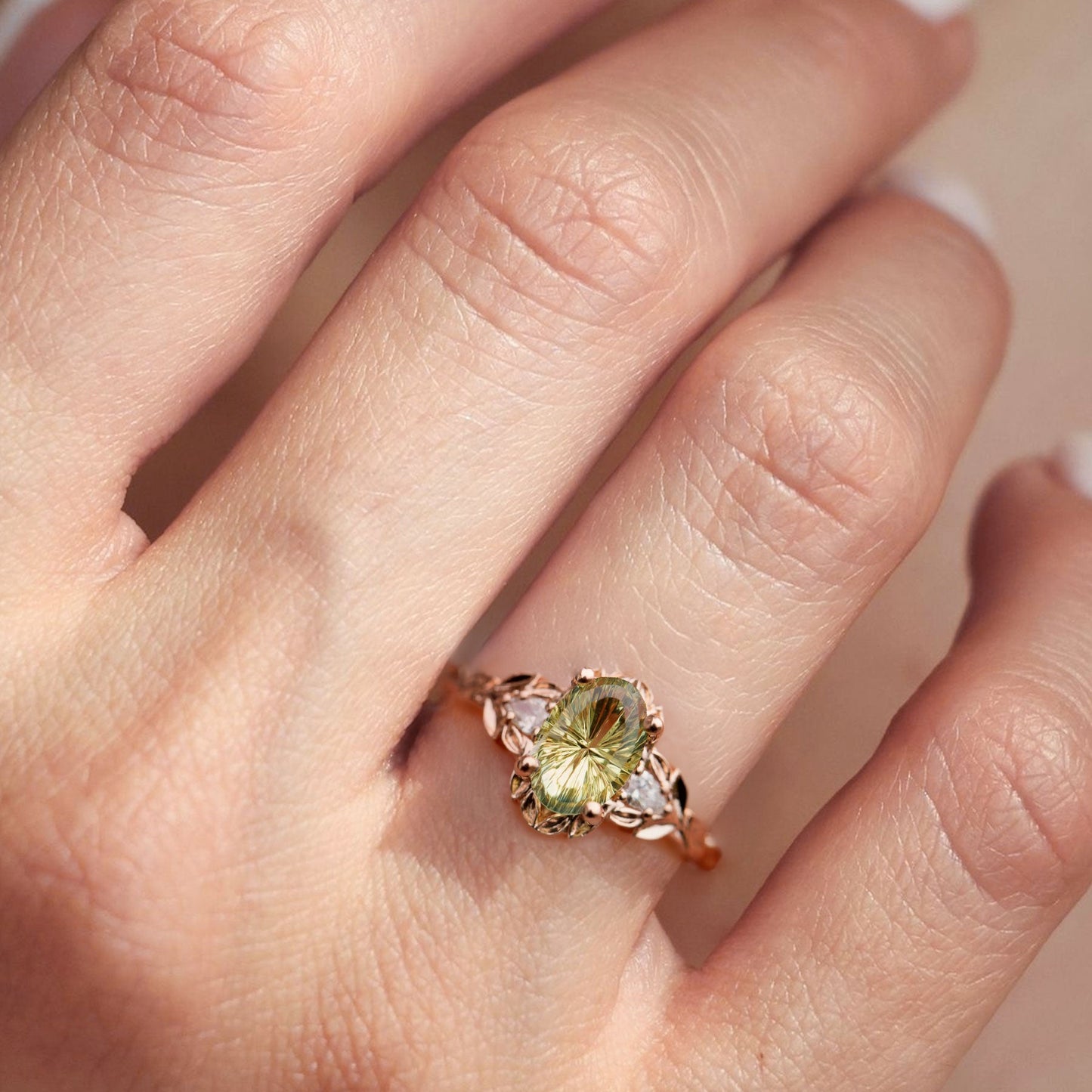 Unique Three Stone Starbrite Cut Oval Green Lab Sapphire Leafy Ring