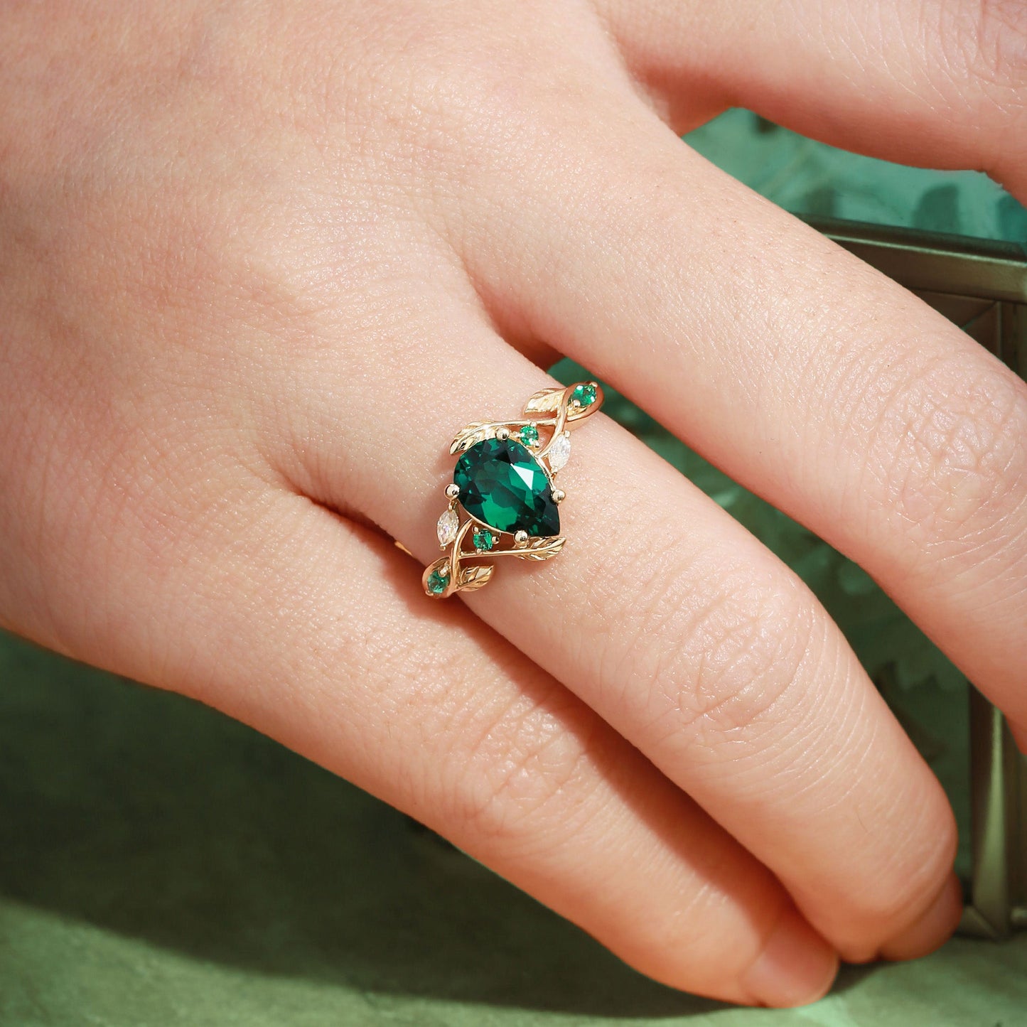 Unique floral engagement rings Everly Nature Inspired Pear Lab Emerald Leaf Engagement Ring