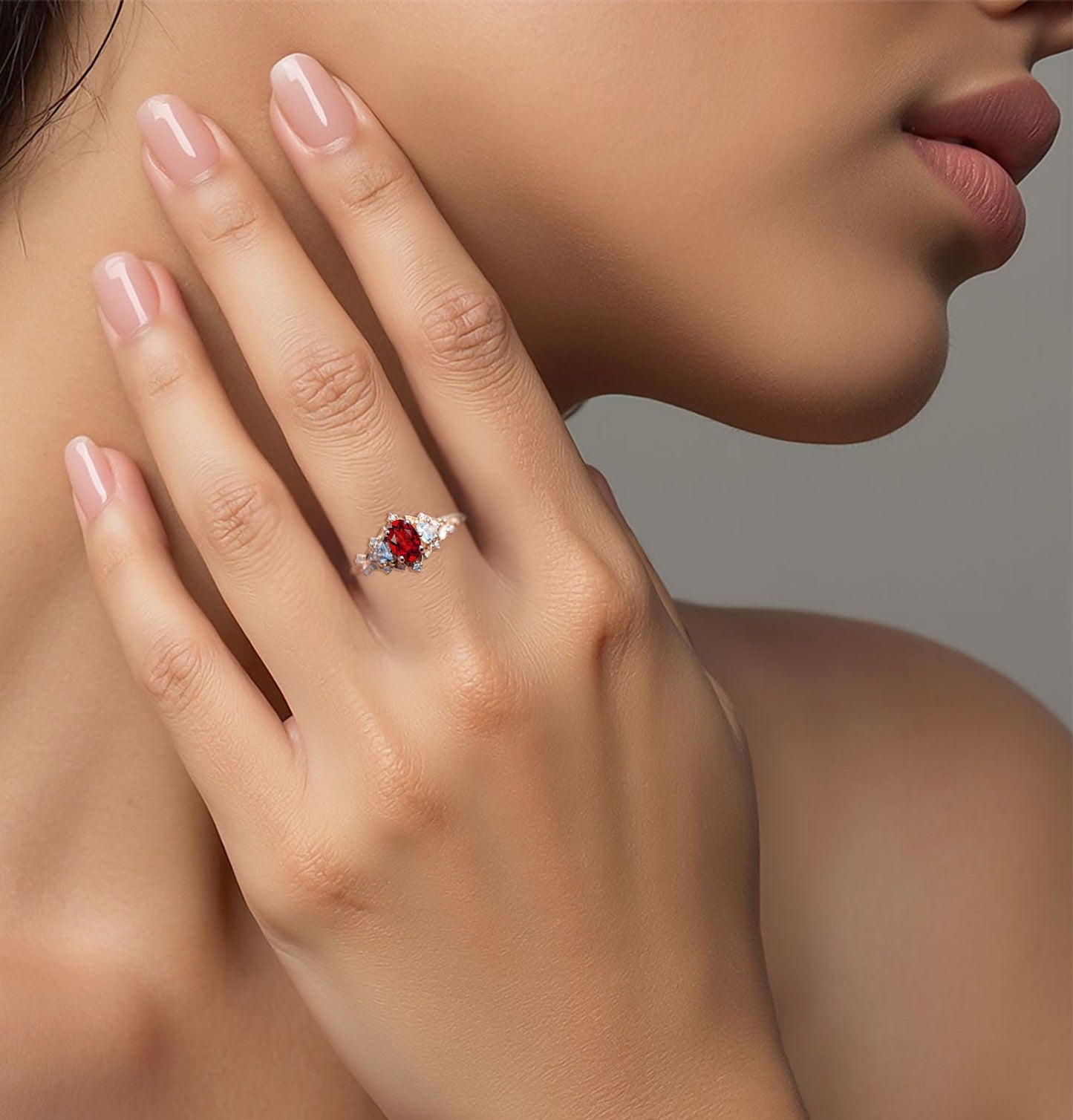 Unique Briar Rose Oval Garnet and Moissanite Ring