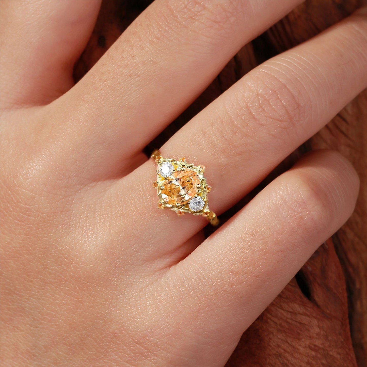 Unique Three Stone Citrine Leaf Bridal Ring Wedding Ring