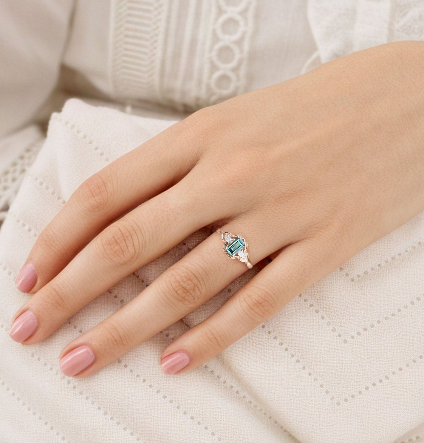 Unique Briar Rose Three Stone Emerald cut Green Lab Sapphire Ring