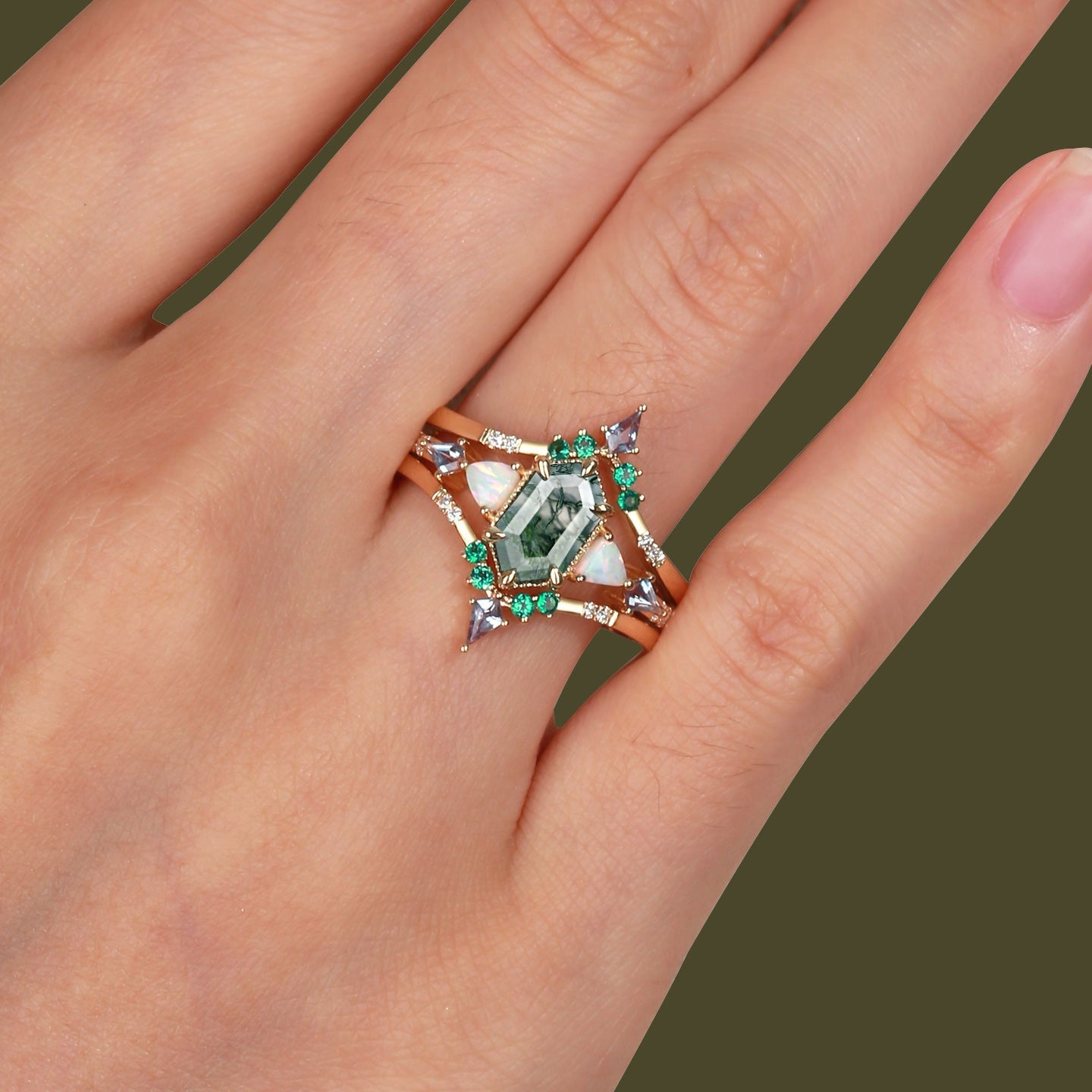 Unique floral engagement rings Long Hexagon Moss Agate Engagement Ring Set with Opal, Alexandrite, Emerald Accents