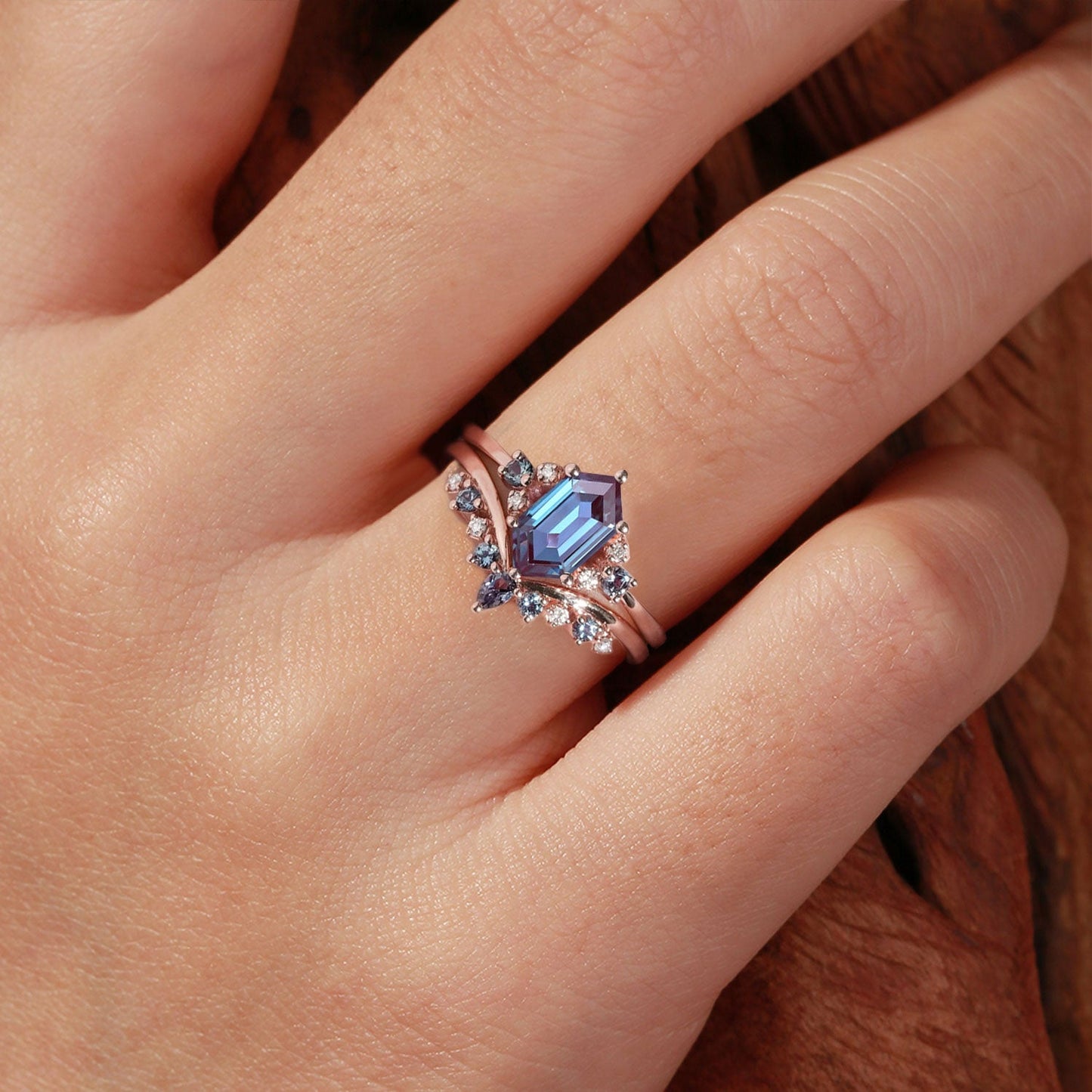 Unique Cluster Hexagon Cut Lab Alexandrite Seven Stone Gemstone Ring Set