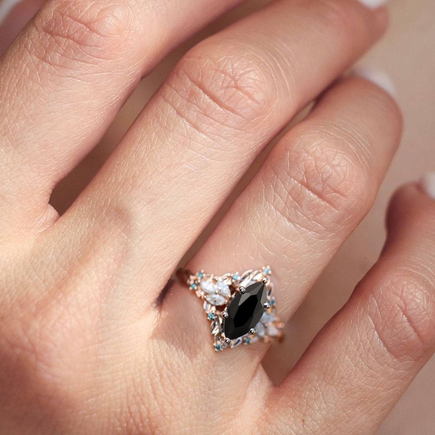 Unique Briar Rose Starlight Marquise Black Onyx Ring