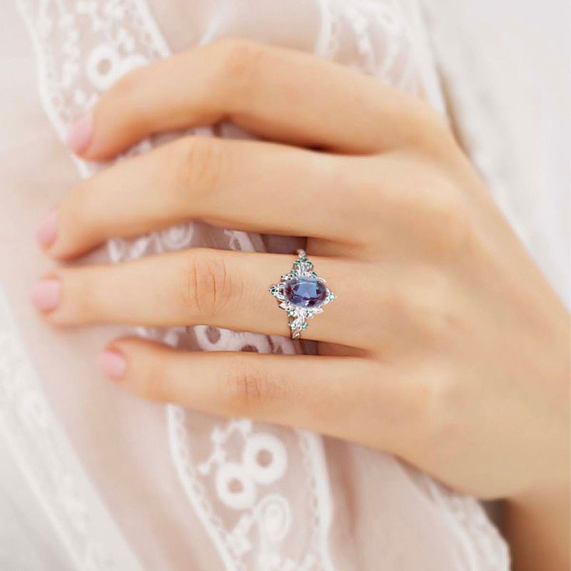 Vintage Briar Rose Oval Lab Alexandrite Engagement Ring Olive Leaves Ring