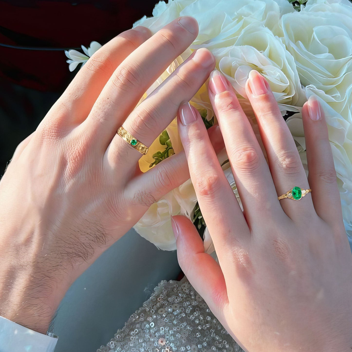 Unique Leaf Design Oval Lab Emerald and Moissanite Wedding Ring Promise Ring for Couples