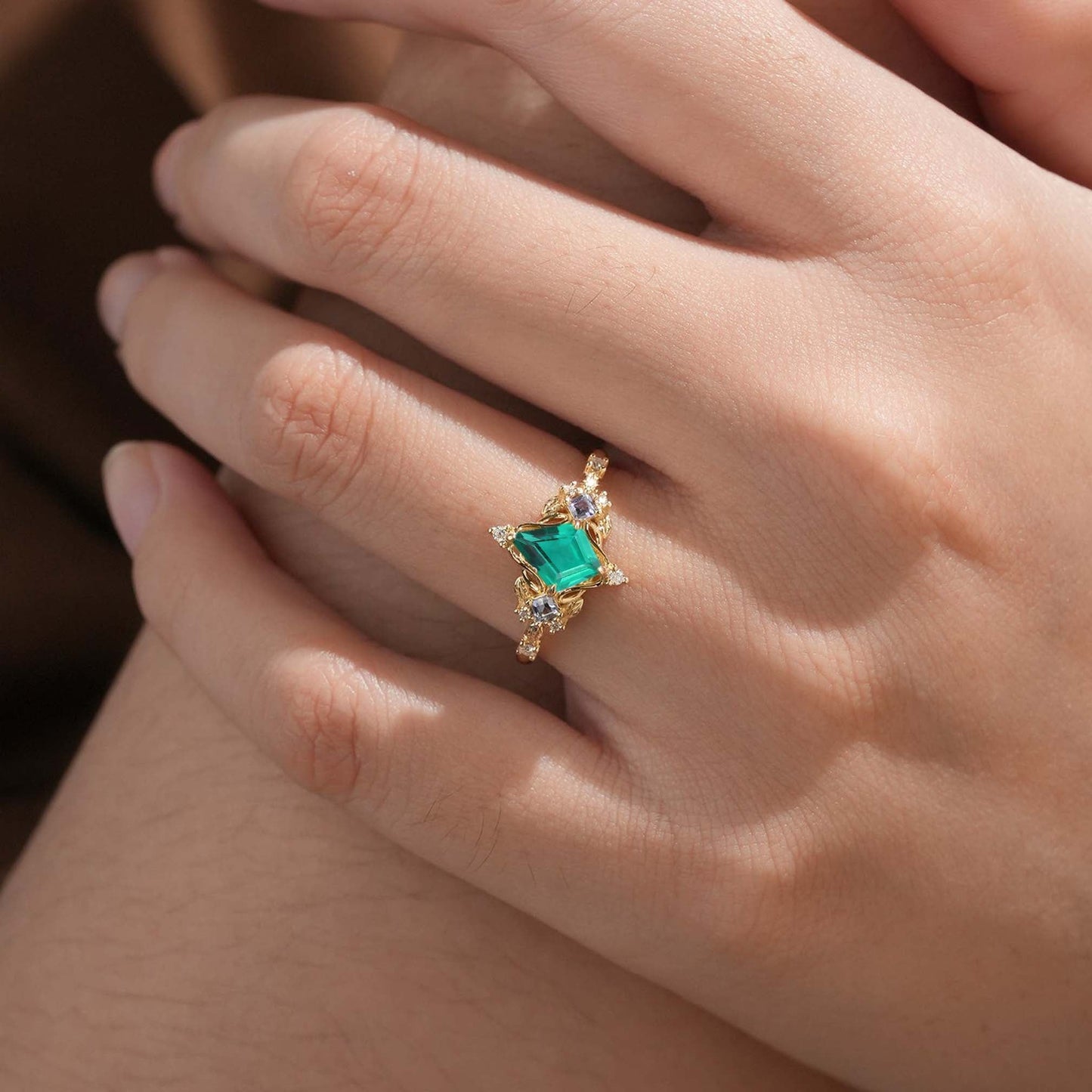Unique Kite Three Stone Lab Emerald Leaf Ring