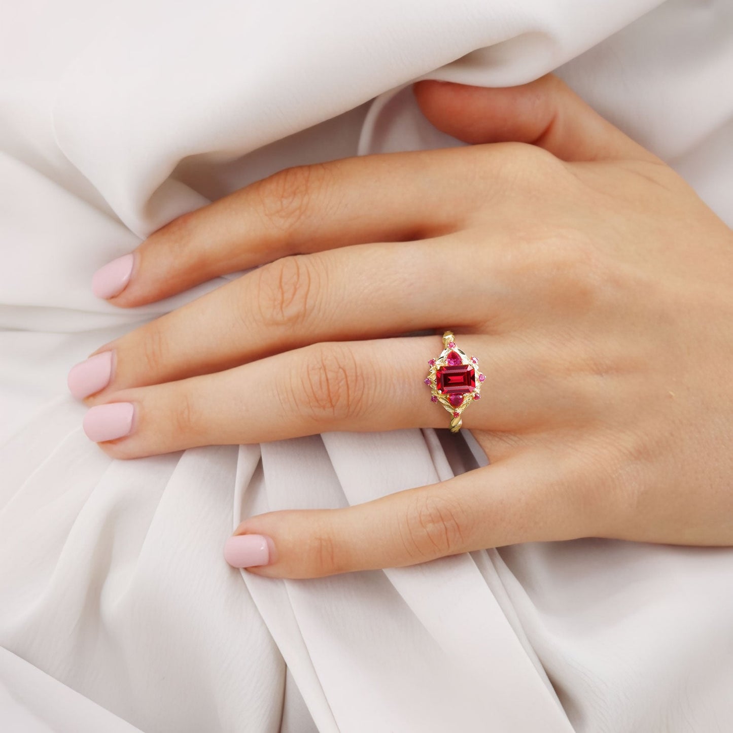 Unique floral engagement rings Emerald Cut Ruby Floral Engagement Ring Ruby Halo Wedding Ring