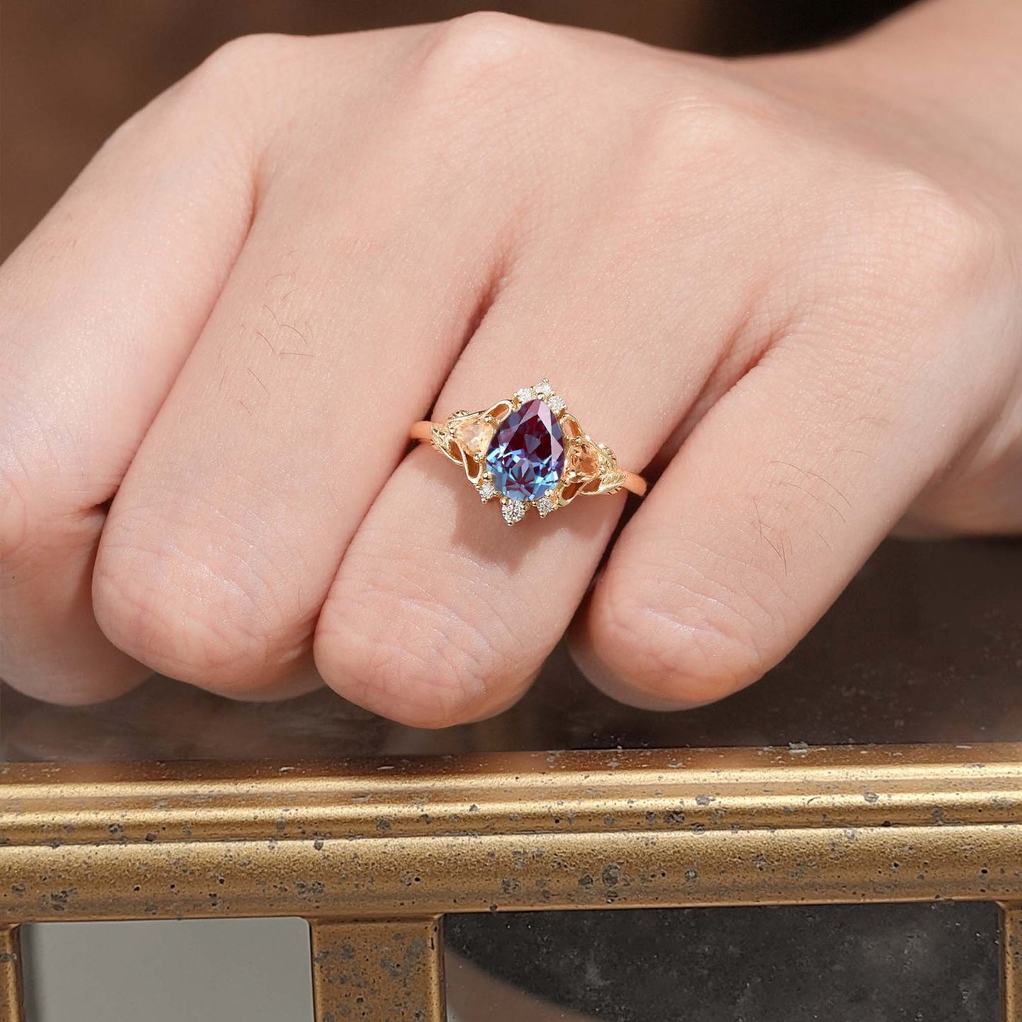 Unique Pear Lab Alexandrite Leaf Ring Engagement Ring