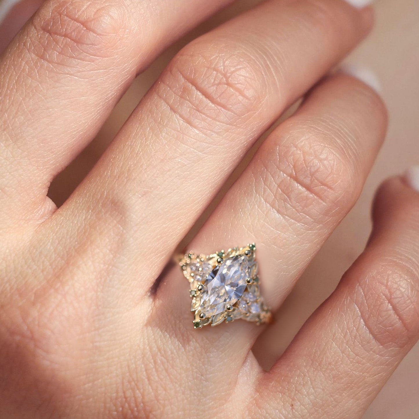 Unique Briar Rose Starlight Marquise Moissanite and Green Lab Sapphire Ring