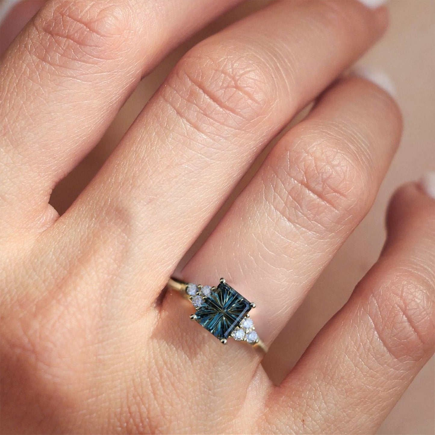 Unique Emerald cut Lab Sapphire Cluster Engagement Ring