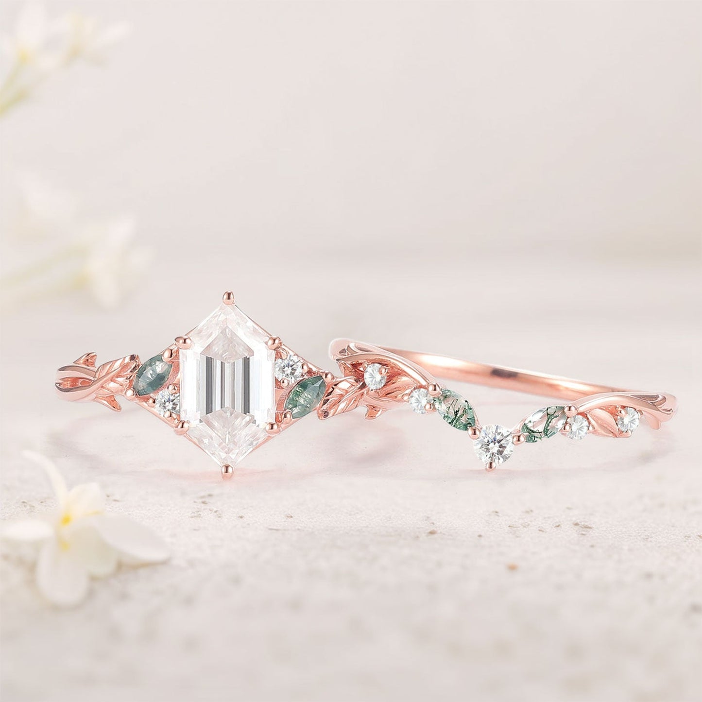 Unique floral engagement rings Hexagon Cut Moissanite Vine Gemstone Ring Set
