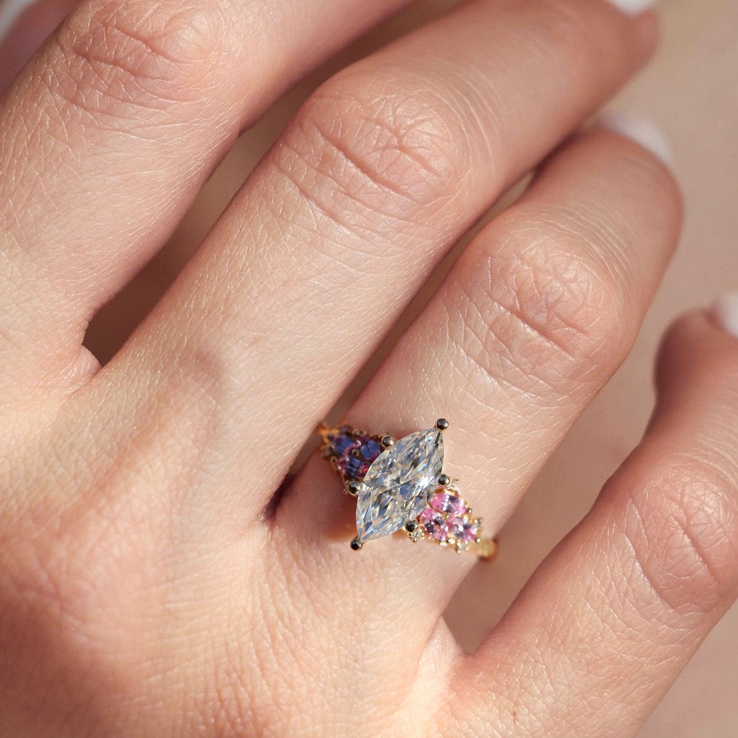 Unique Enchanted Garden Marquise Moissanite and Pink Sapphire Ring