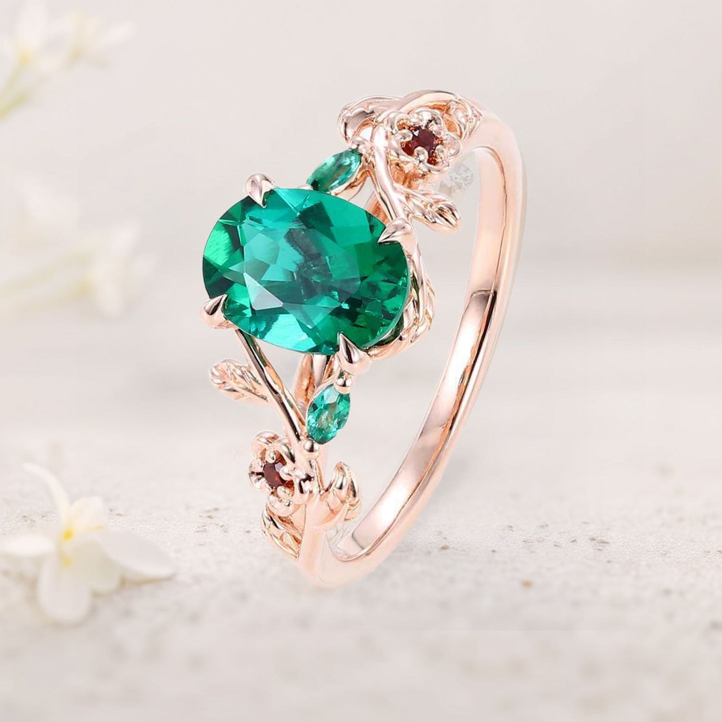 Unique Oval Lab Emerald Engagement Ring with Lab Ruby Accents