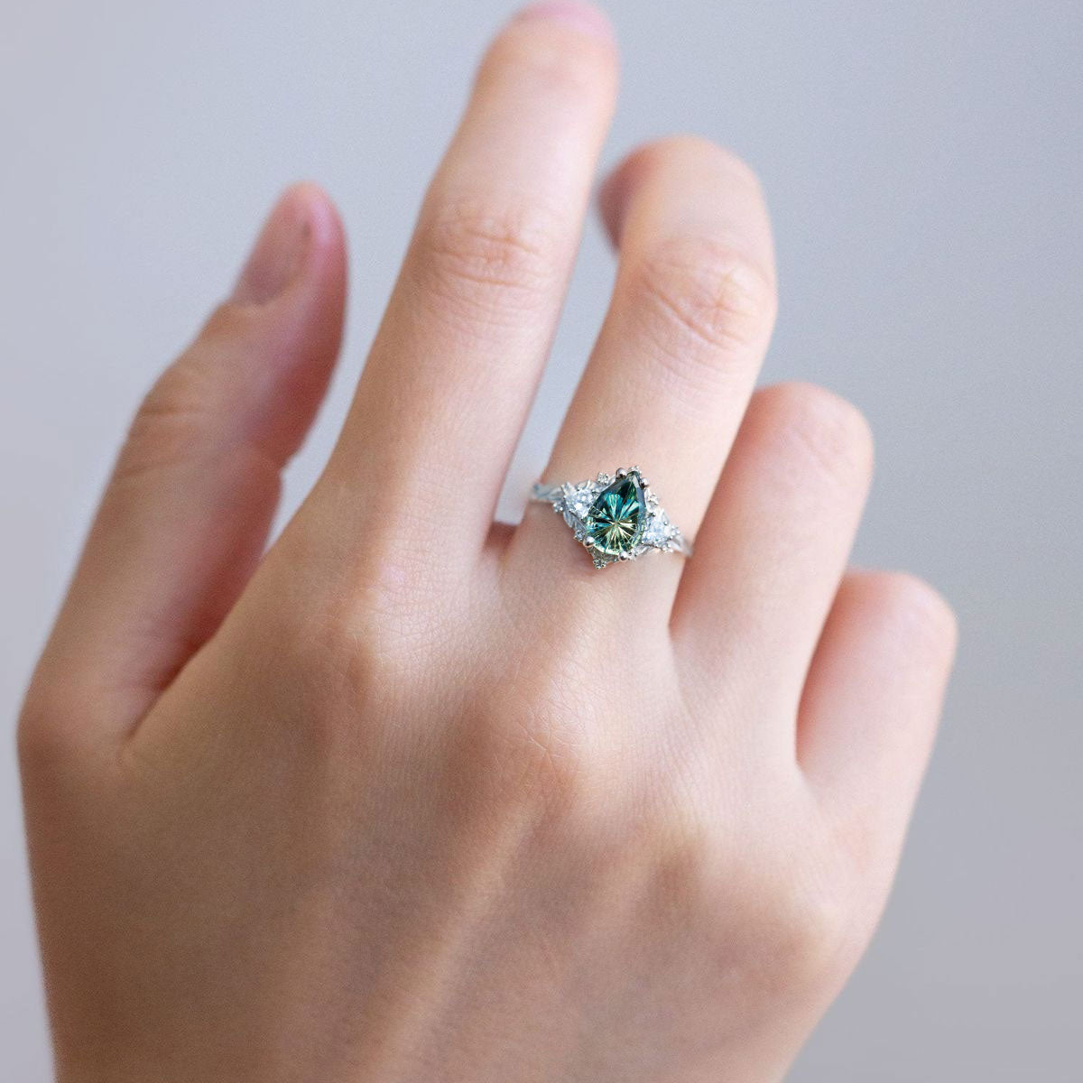 Unique Briar Rose Starbrite Cut Pear Green Lab Sapphire Ring