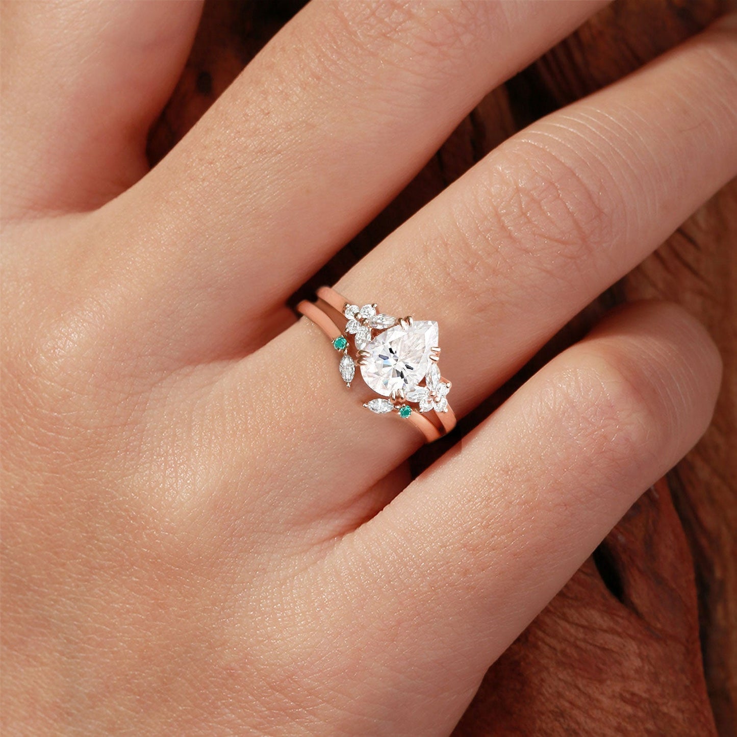 Unique Cluster Pear Moissanite Chevron Ring Set