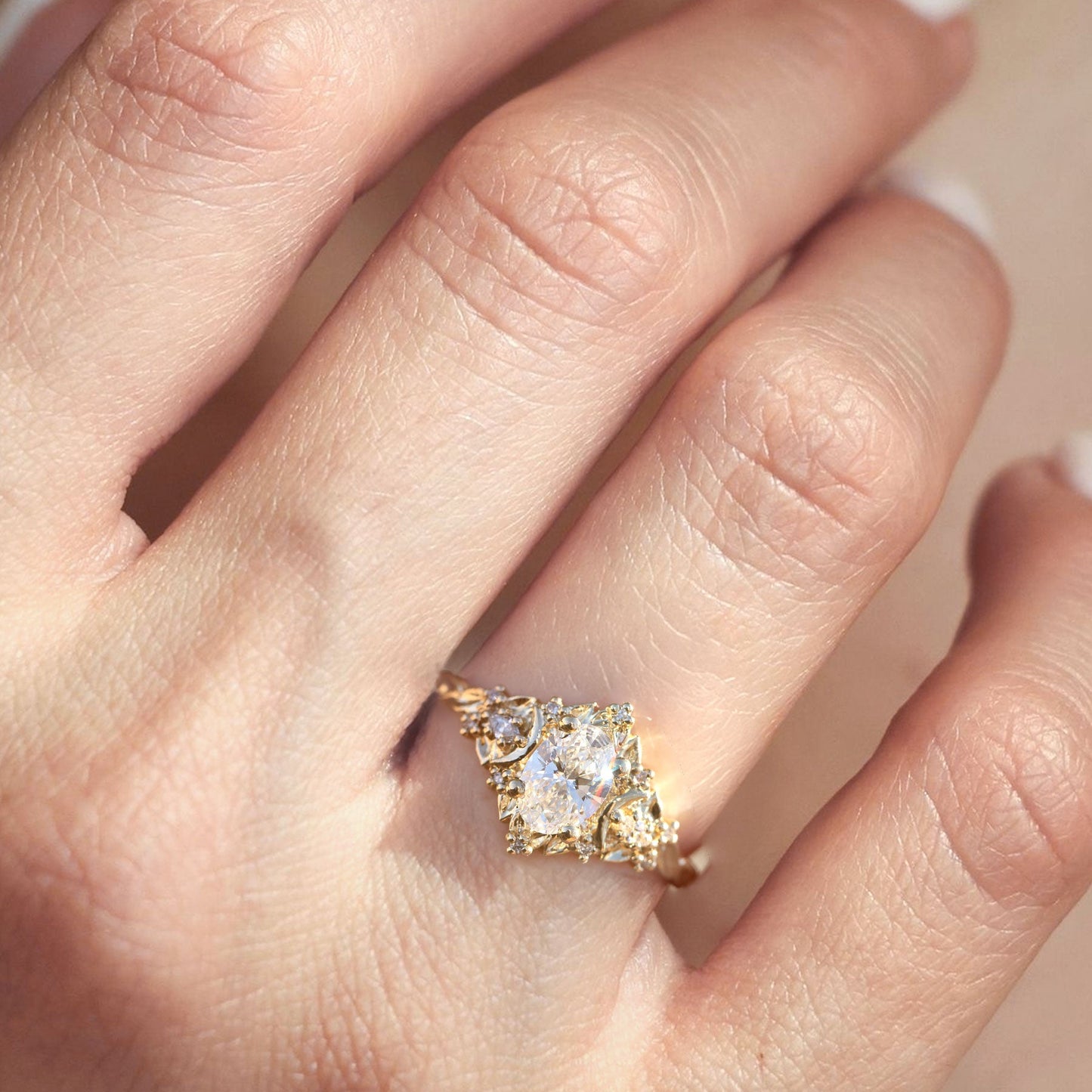 Unique Briar Moon Three Stone Oval Moissanite Ring