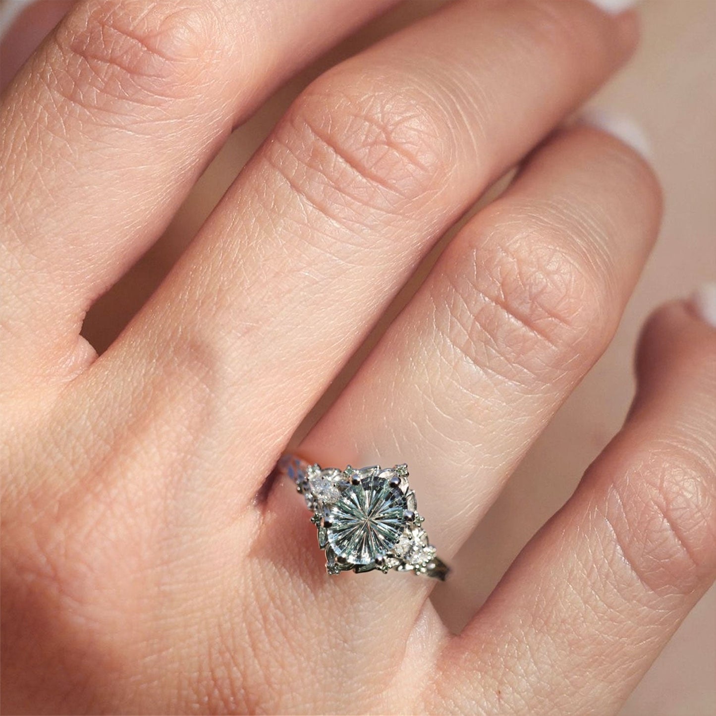 Vintage Briar Rose Starbrite Cut Oval Lab Sapphire and Moissanite Ring