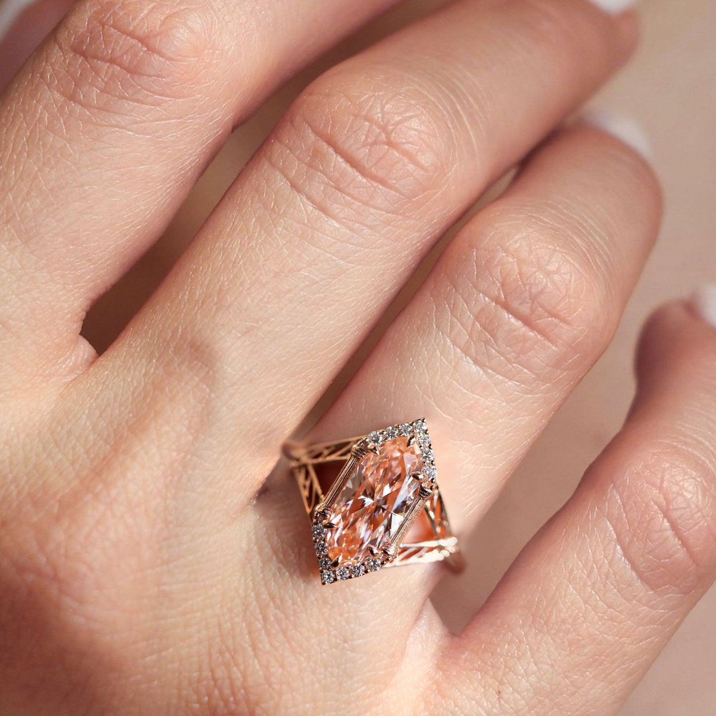 Unique Marquise Lab Padparadscha Engagement Ring